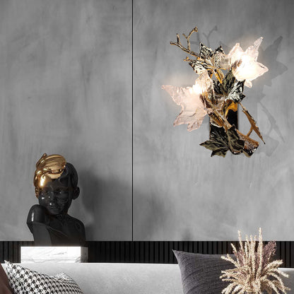 Copper Glass Maple Leaf Branch 2-Light Wall Sconce Lamp
