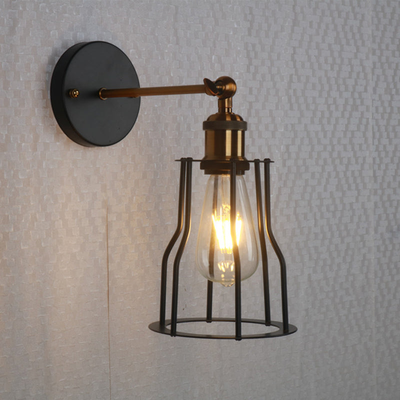 Industrial Round Iron Cage 1-Light Wall Sconce Lamp