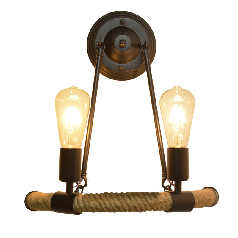Farmhouse Hemp Rope Half Circle 2-Light Wall Sconce Lamp