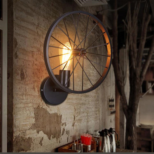 Industrial Round Wheel Iron Glass 1-Light Wall Sconce Lamp