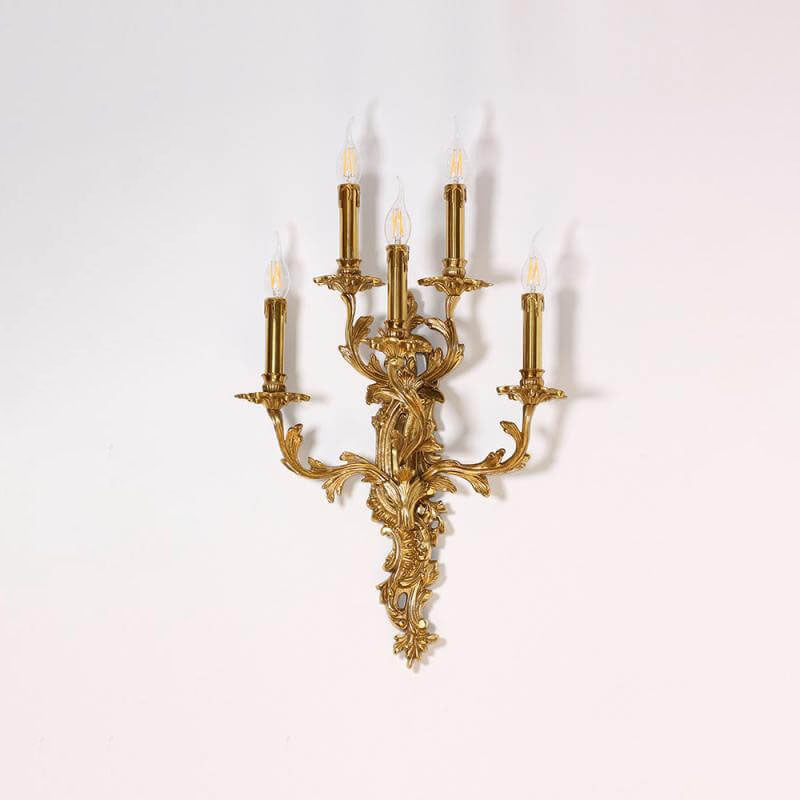 French Copper Candle Carved 5-Light Wall Sconce Lamp