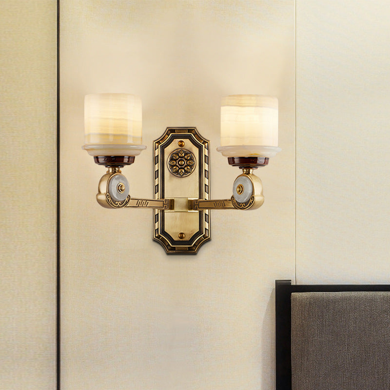 Chinese Copper Marble Cylinder 1/2 Light Wall Sconce Lamp