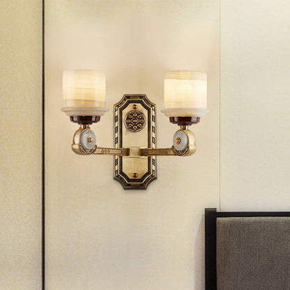 Chinese Copper Marble Cylinder 1/2 Light Wall Sconce Lamp