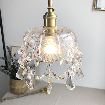 Round Carved Brass Glass Crystal 1-Light Pendant Light