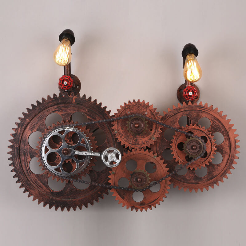 Industrial Iron Water Pipe Gear 2-Light Wall Sconce Lamp