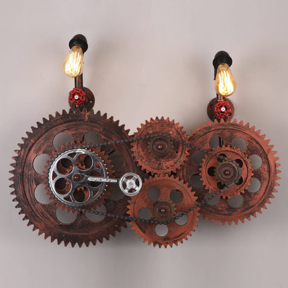 Industrial Iron Water Pipe Gear 2-Light Wall Sconce Lamp
