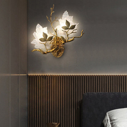 Copper Glass Maple Leaf Branch 2-Light Wall Sconce Lamp