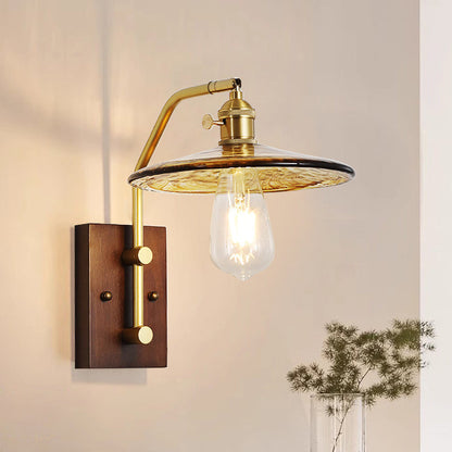 Traditional Round Wood Iron Glass 1-Light Wall Sconce Lamp