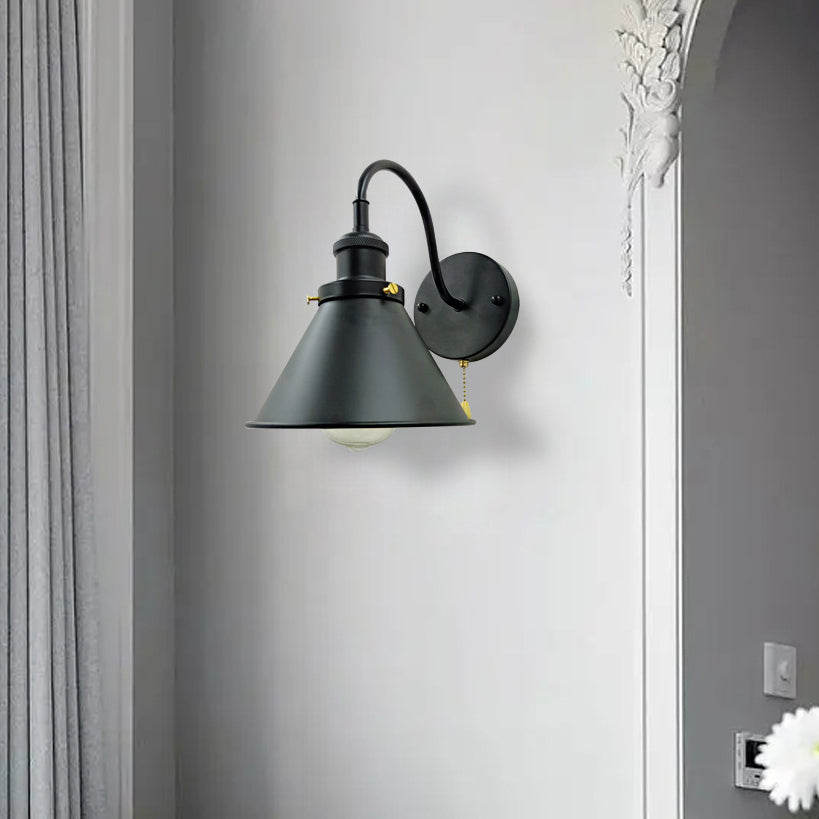 Iron Black Cone 1-Light Pull Cord Wall Sconce Lamp