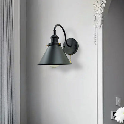 Iron Black Cone 1-Light Pull Cord Wall Sconce Lamp