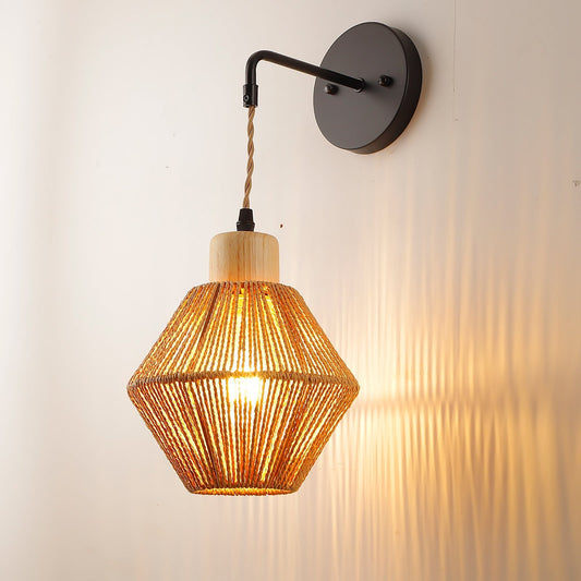 Japanese Round Wood Rattan 1-Light Wall Sconce Lamp