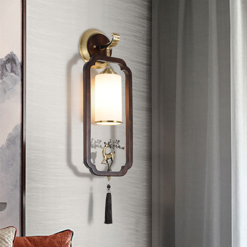 Chinese Rectangular Cylinder Deer 1-Light Wall Sconce Lamp