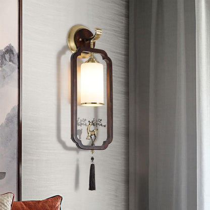 Chinese Rectangular Cylinder Deer 1-Light Wall Sconce Lamp