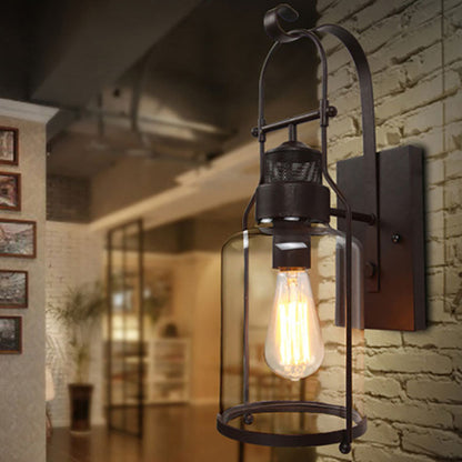 Industrial Iron Glass Cylinder 1-Light Wall Sconce Lamp