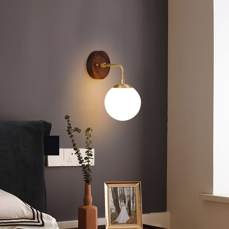 Walnut Brass Glass Round Orb 1-Light Wall Sconce Lamp