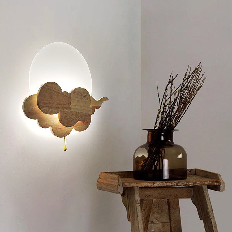 Chinese Round Cloudy Wood Acrylic LED Wall Sconce Lamp