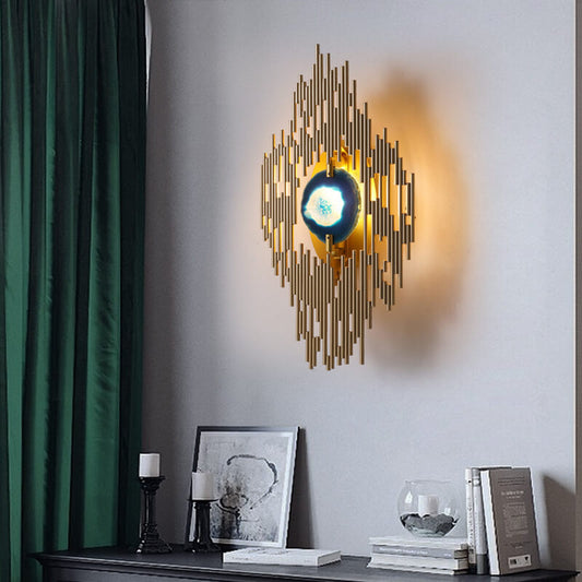 Light Metal Tube Blue Agate Slice 1-Light Wall Sconce Lamp