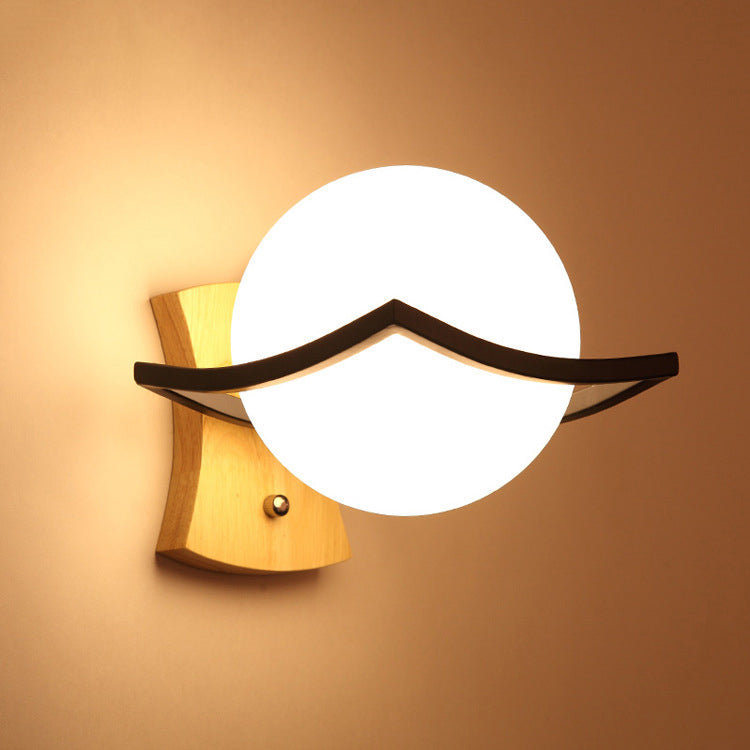 Minimalist Spherical Wood Glass 1-Light Wall Sconce Lamp