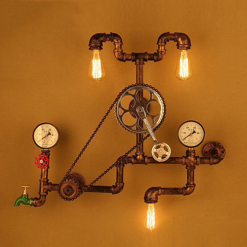 Industrial Iron Plumbing Gear 3-Light Wall Sconce Lamp