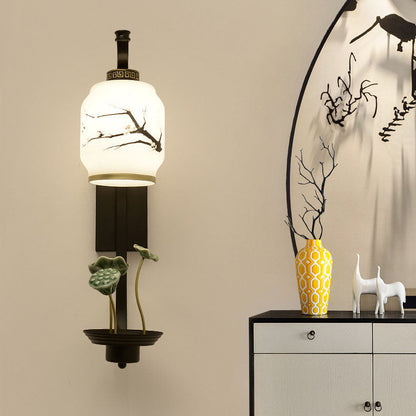 Chinese Ceramic Cylinder Lotus 1-Light Wall Sconce Lamp