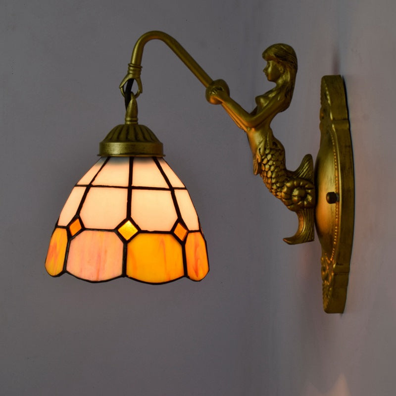 Tiffany Mermaid Resin Iron Glass 1-Light Wall Sconce Lamp