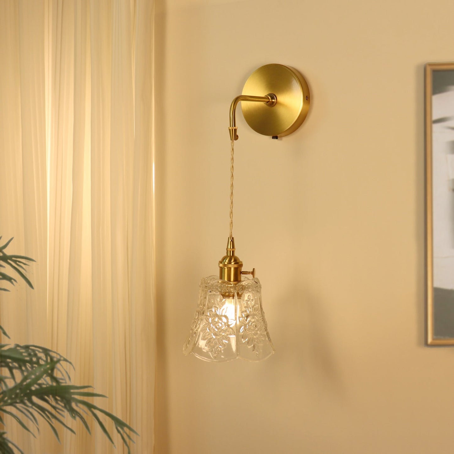 French Brass Carved Glass 1-Light Wall Sconce Lamp