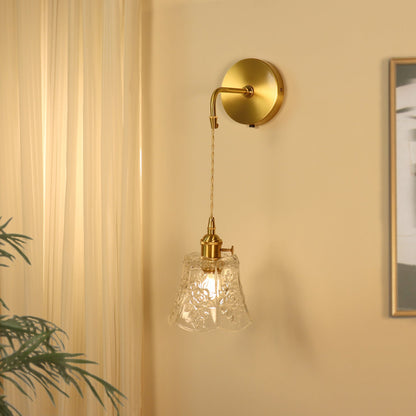 French Brass Carved Glass 1-Light Wall Sconce Lamp