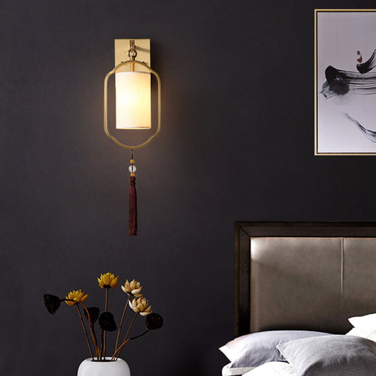 Brass Fabric Cylindrical Shade 1-Light Wall Sconce Lamp