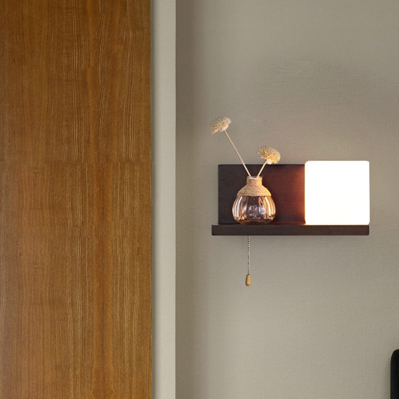 Rectangular Shelf Wood Glass 1-Light Wall Sconce Lamp
