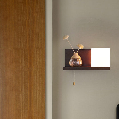Rectangular Shelf Wood Glass 1-Light Wall Sconce Lamp