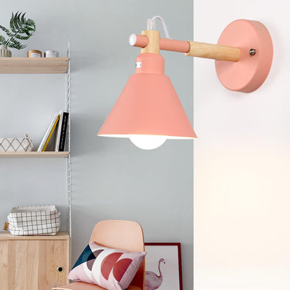 Macaron Iron Trumpet Shaped Wood 1-Light Wall Sconce Lamp