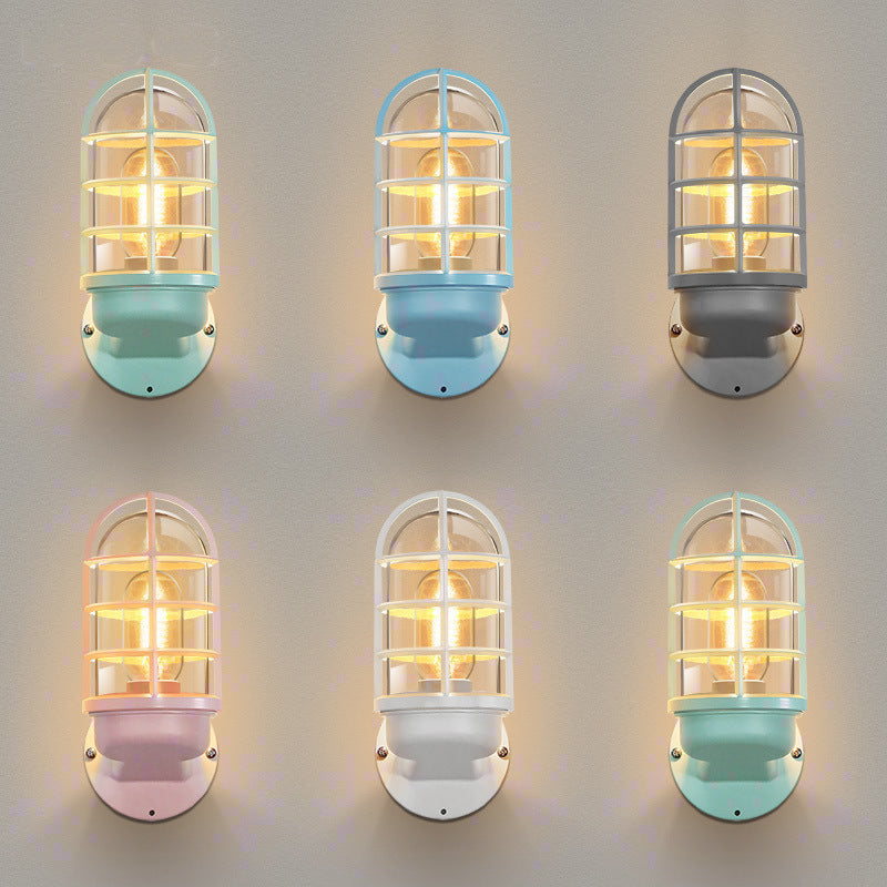 Macaron Cylinder Grid Iron Glass 1-Light Wall Sconce Lamp