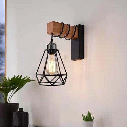 Oval Diamond Solid Wood Iron 1-Light Wall Sconce Lamp