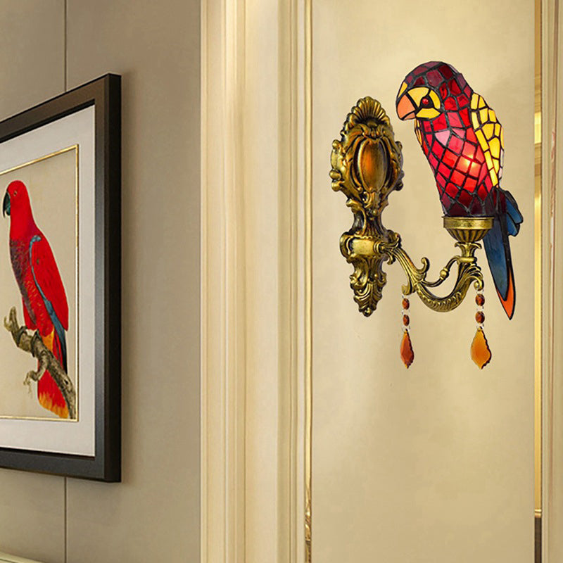 Tiffany Glass Parrot Crystal 1-Light Wall Sconce Lamp