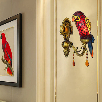 Tiffany Glass Parrot Crystal 1-Light Wall Sconce Lamp