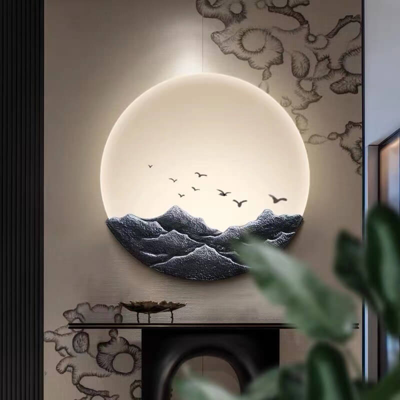 Chinese Resin Mountain Acrylic Round LED Wall Sconce Lamp