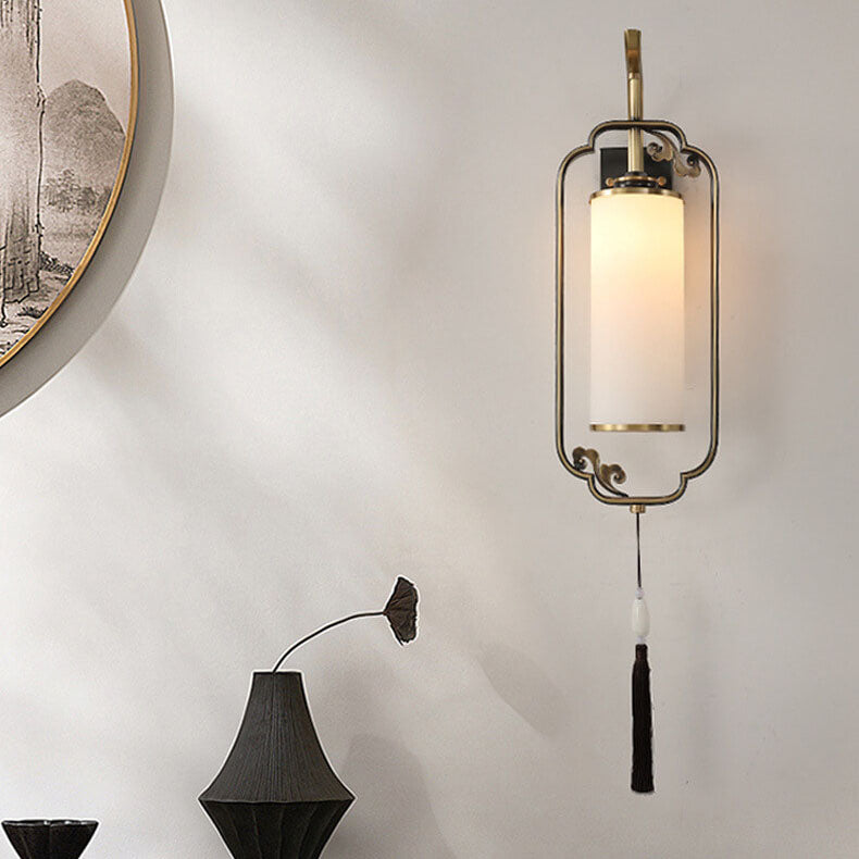 Chinese Copper Iron Glass Column 1-Light Wall Sconce Lamp