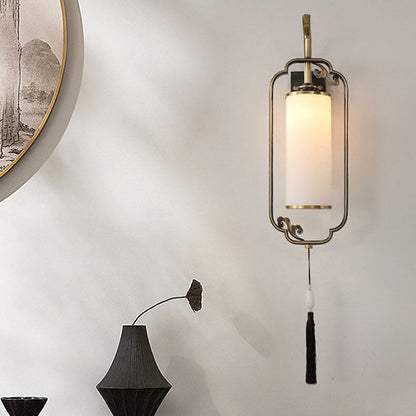 Chinese Copper Iron Glass Column 1-Light Wall Sconce Lamp