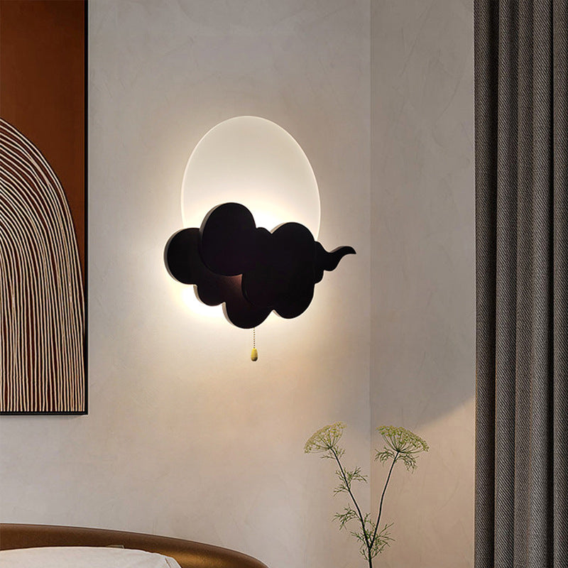 Chinese Round Cloudy Wood Acrylic LED Wall Sconce Lamp