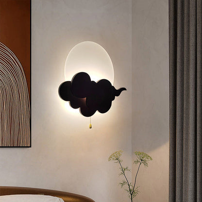 Chinese Round Cloudy Wood Acrylic LED Wall Sconce Lamp