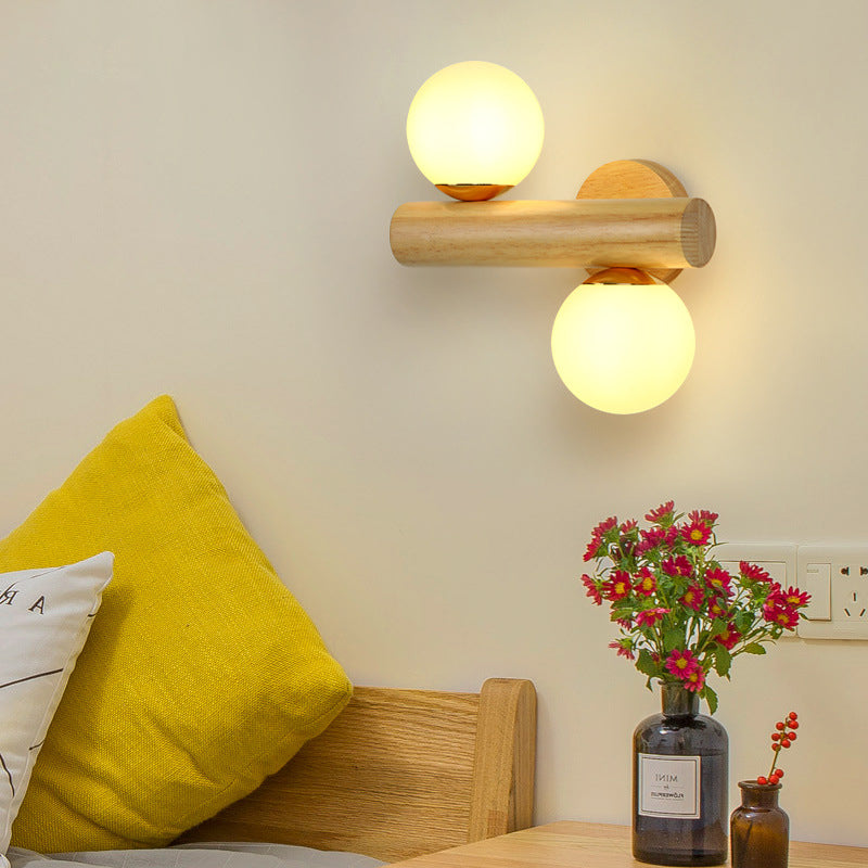 Scandinavian Orb Rubberwood Glass 2-Light Wall Sconce Lamp