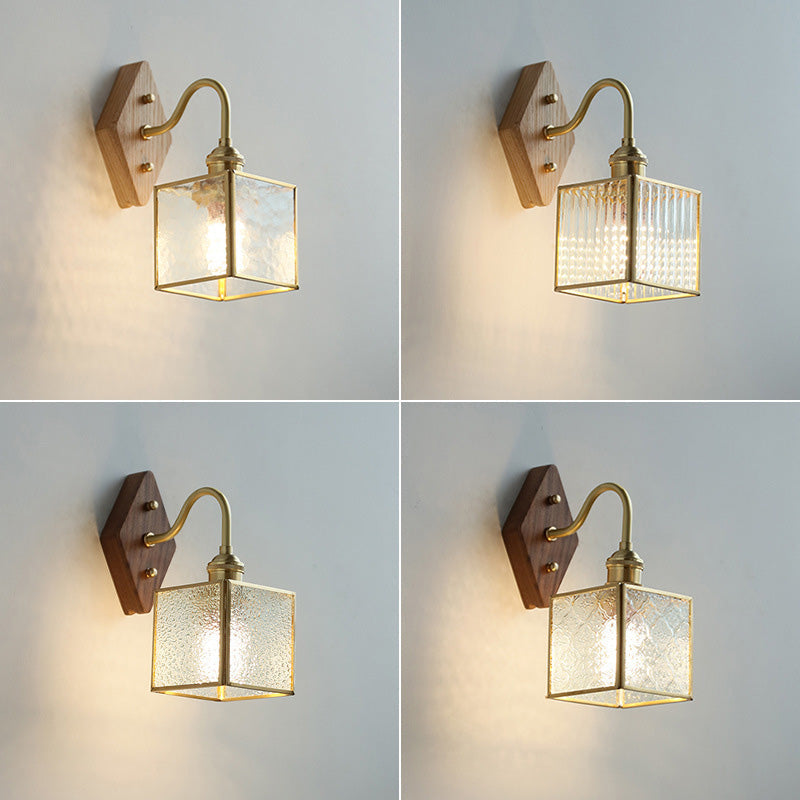 Square Copper Glass Wood 1-Light Wall Sconce Lamp