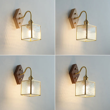 Square Copper Glass Wood 1-Light Wall Sconce Lamp