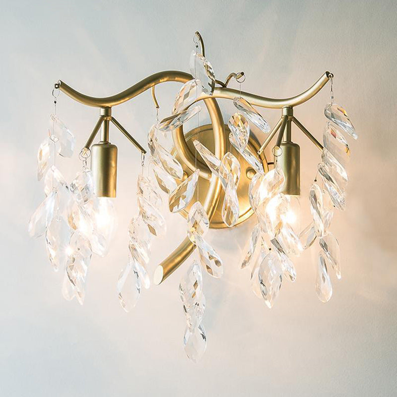 French Leaf Iron Copper Crystal 2-Light Wall Sconce Lamp