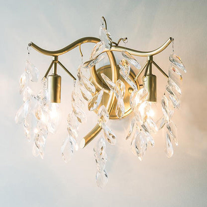 French Leaf Iron Copper Crystal 2-Light Wall Sconce Lamp