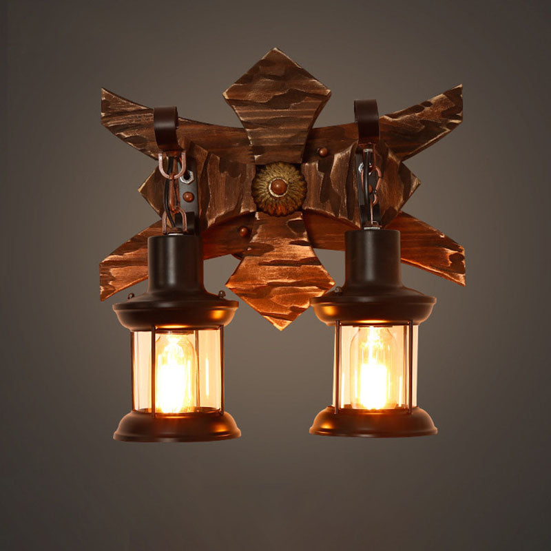 Farmhouse Wood Frame Iron 2-Light Wall Sconce Lamp