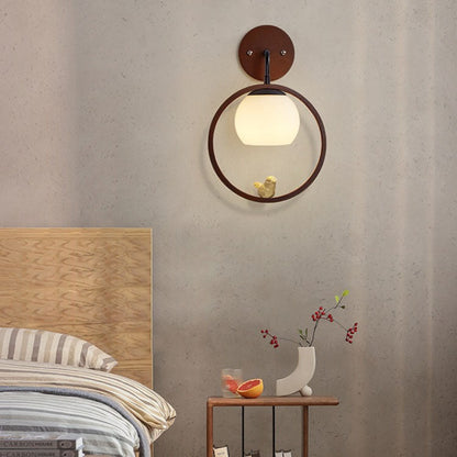 Minimalist Circle Bird Wood Glass 1-Light Wall Sconce Lamp