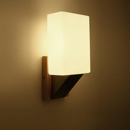 Square Glass Solid Wood Base 1-Light Wall Sconce Lamp
