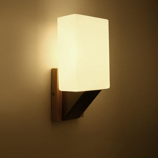 Square Glass Solid Wood Base 1-Light Wall Sconce Lamp
