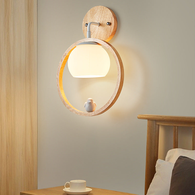 Scandinavian Round Bird Wood Glass 1-Light Wall Sconce Lamp